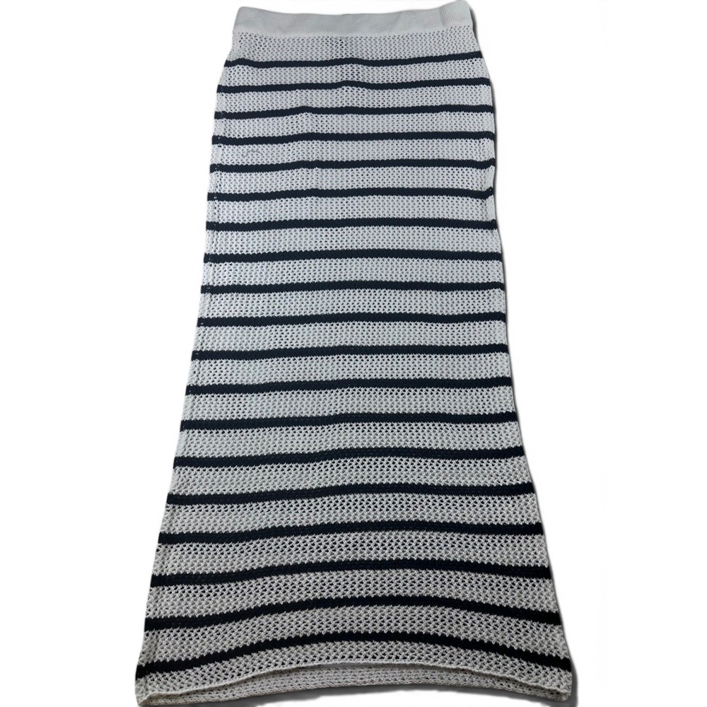 PrettyLittleThing Stripe Crochet Knit Maxi Skirt‎ Women L White Black Coastal